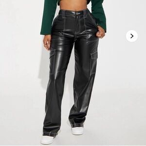 Hunter & Brown faux leather wide leg cargo pants black white stitching